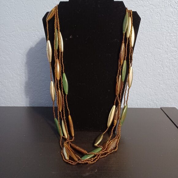 Vintage Multi-Stranded Brown, Gold, Yellow, Teal Beaded Necklace, 32" - Picture 1 of 3